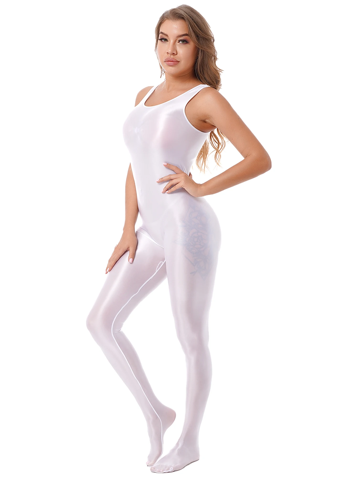 Damen-Badeanzug Zentai-Jumpsuit Lingerie Ganzkörper-Bodysuit Sport Fitness Footed Unitard Einfarbig Rundhals-Bodystocking – Detail 7