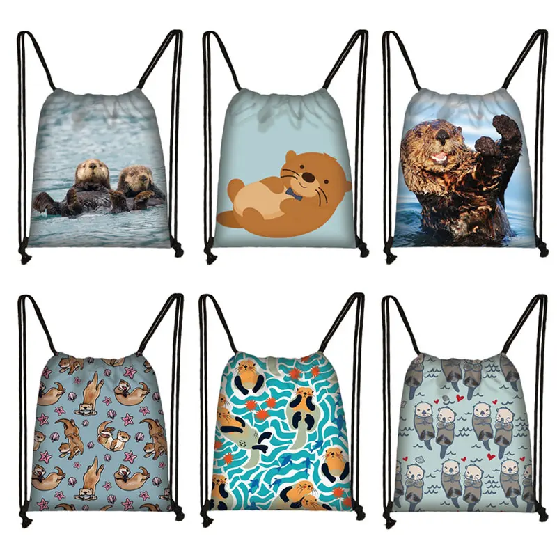 Kawaii Sea Otters Print Backpack Women Men Travel Bags Casual Drawstring Bag Teenager Book Bag Shoes Holder