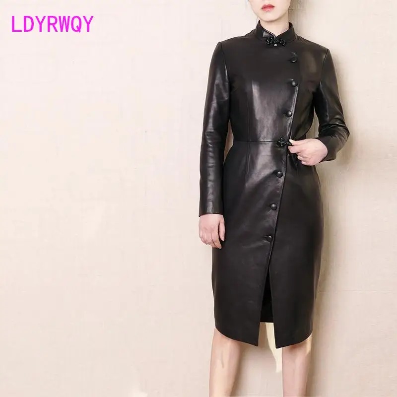 Handmade Button Chinese Leather Clothes Women's Slim Fit and Slim Skin Mid length Leather Dress Women's Clothing