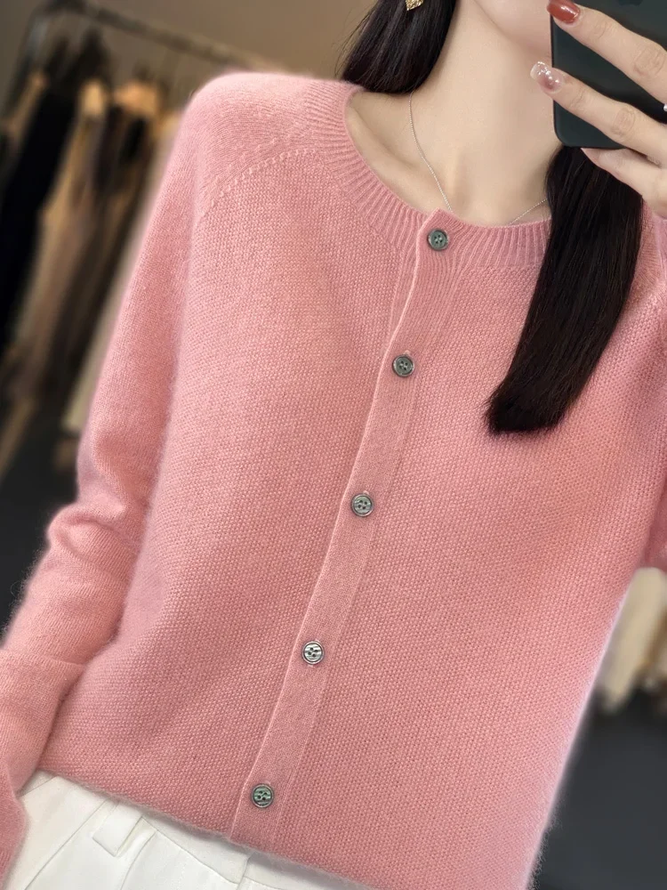 2024 Long Sleeve Cardigan New Fashion Women Sweater 100% Merino Wool Tops Jerseys O-Neck Knitwears Spring Autumn Women Clothing