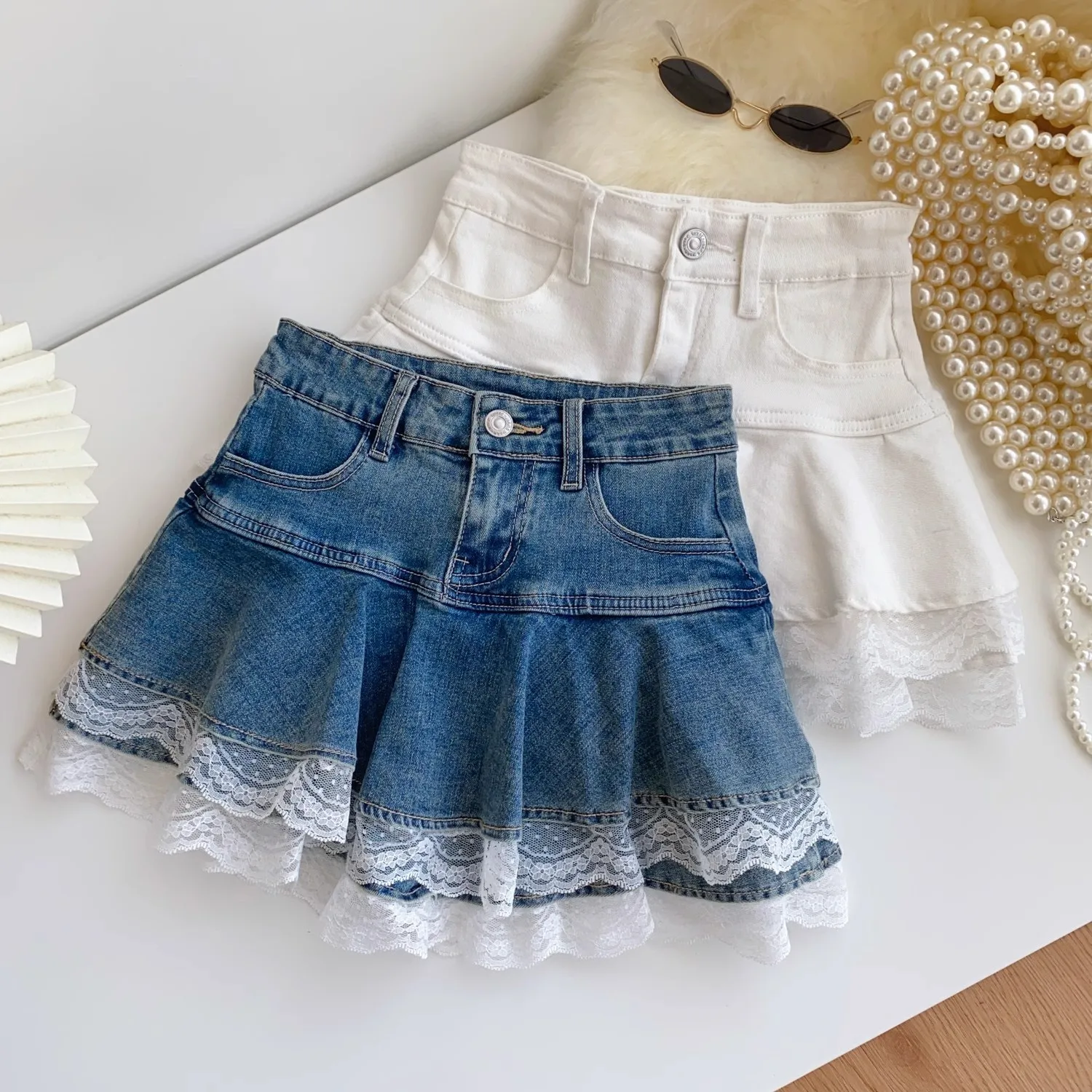 Neuer Spitzen-Jeansrock mit hoher Taille und Lotusblatt-Faltenrock für Damen