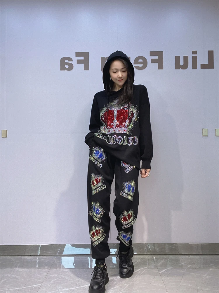 

Heavyweight Knitted Casual Outfit for Women Long Sve Hoodie And Trousers Two-Piece Set Large Size Faionable Autumn Wear