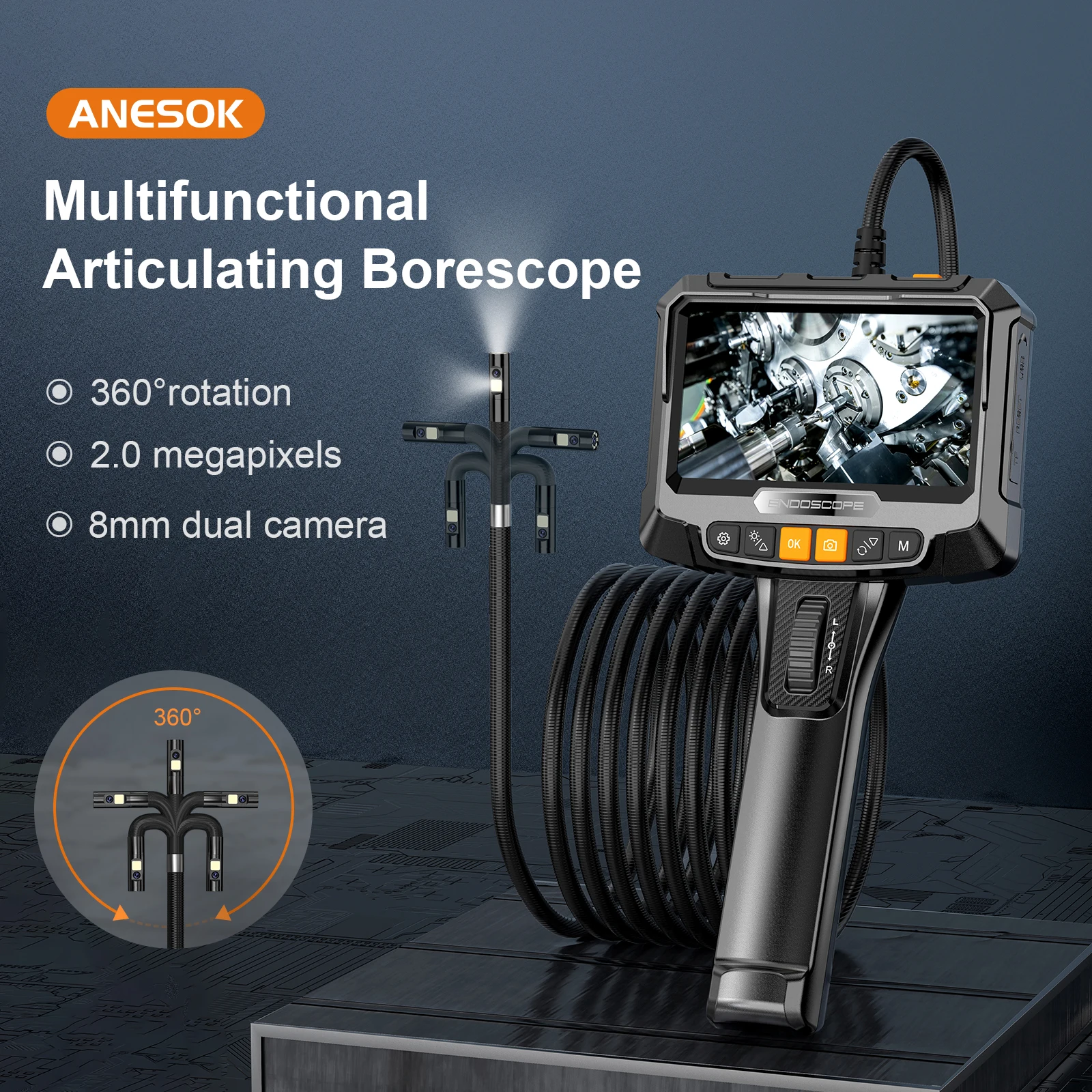 360 ° rotating dual-lens endoscope, 3.9MM 5-inch IPS endoscope inspection camera, automotive mechanical industrial endoscope