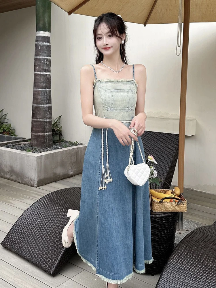 French Vintage Denim Dresses Gradient Color Sleeveless Raw Edge Forked Tanks Long Dress Summer Female Slim 2024 Women's Clothing