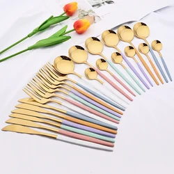 24Pcs Colorful Dinnerware Set Stainless Steel Gold Flatware Knife Fork Teaspoon Silverware Cutlery Set Western Kitchen Tableware