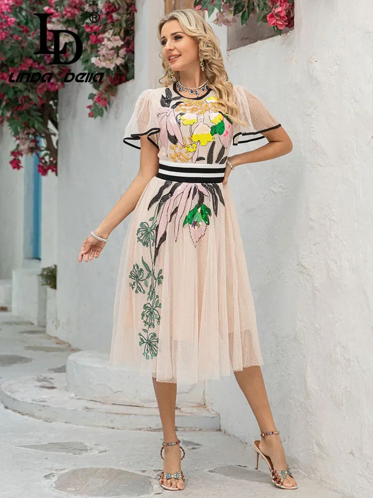 LD LINDA DELLA 2025 Summer New Women's Heavy Industry sequin mesh embroidery round neck flying sleeve dress dress