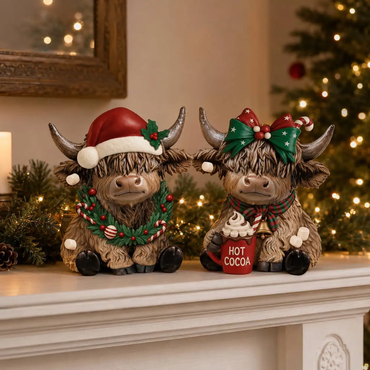 2PCS Christmas Highland Cow Figurine, Cute Cow Desktop Decor with Santa Hat Wreath Bow Hot Cocoa, Rustic Farmhouse Holiday Gift