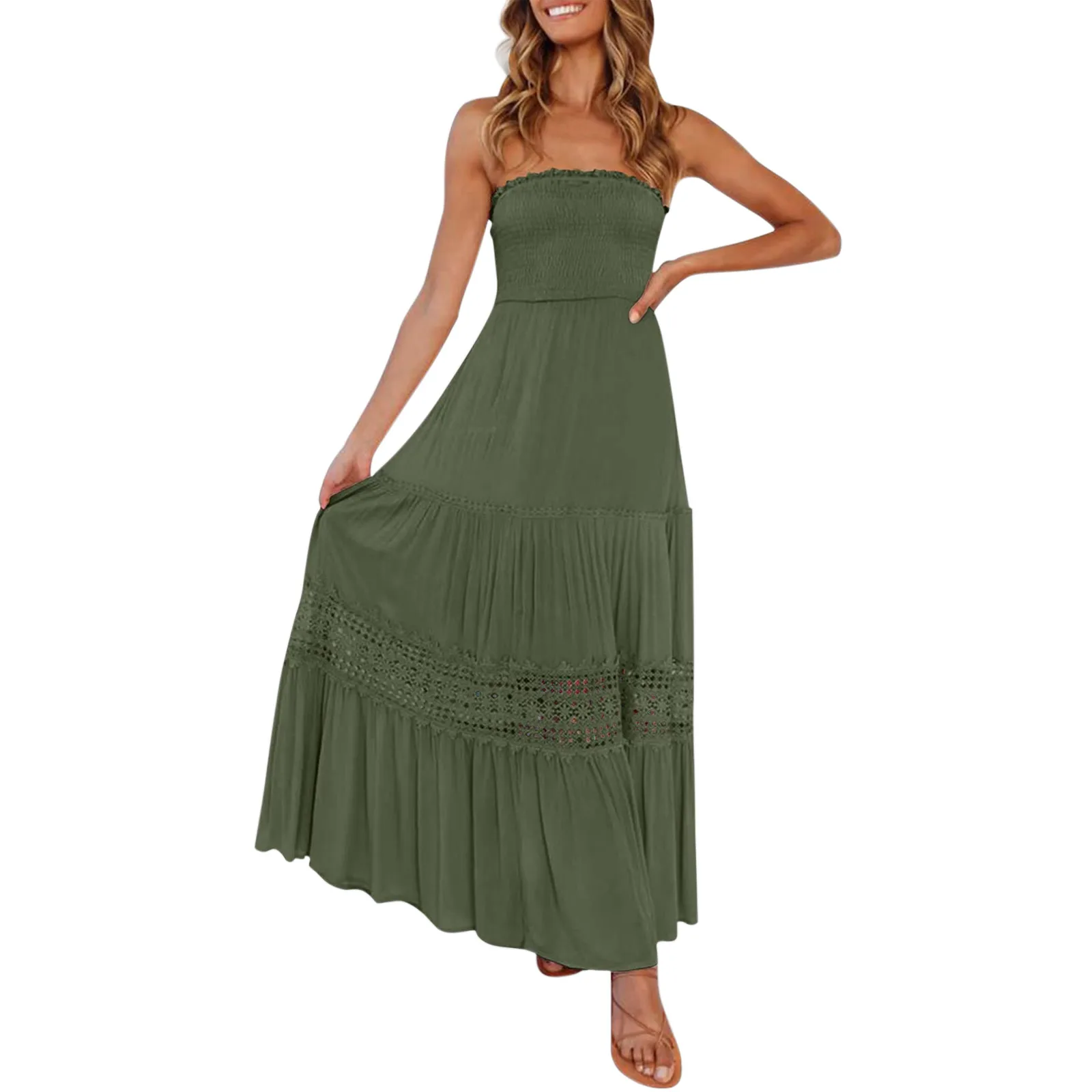 

Women Dress Elegant Gown Summer Boho Strapless Off Shoulder Trim Backless Flowy A Line Pleated Swing Long Maxi Camisole Dress