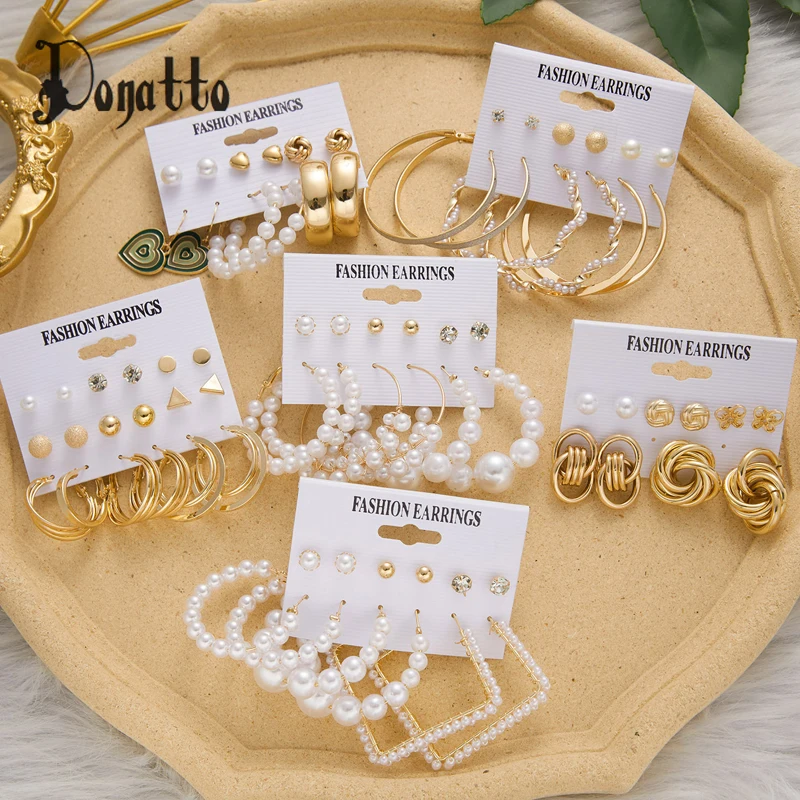 DONATTO 6 Pairs Earrings Set Heart Butterfly Drop Big Circle Piercings Earring for Women Imitation Pearl Hoop Cute Ear Jewelry