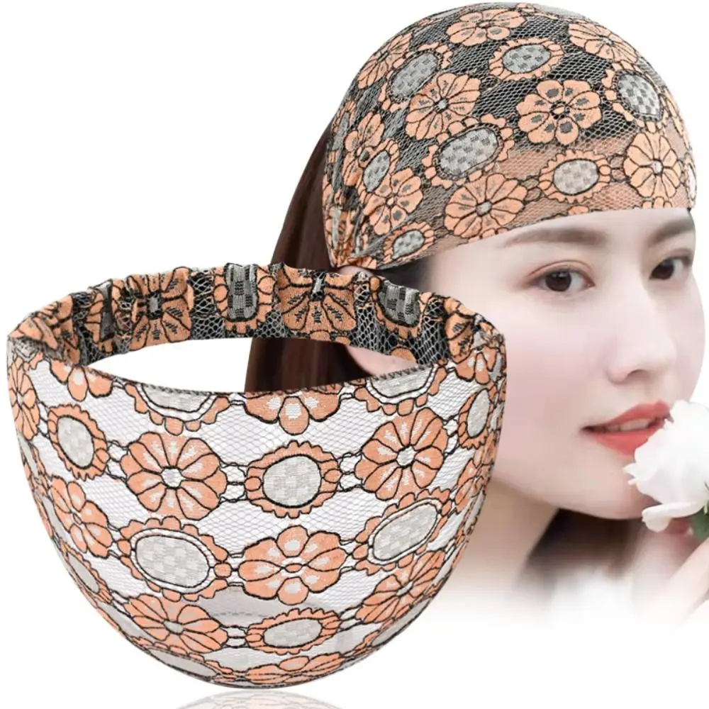 Personality Non Slip Mesh Flower Headband Hollow Hair Hoop Lace Hairbands Hair Accessories Elastic Wide Side Head Wrap Mother