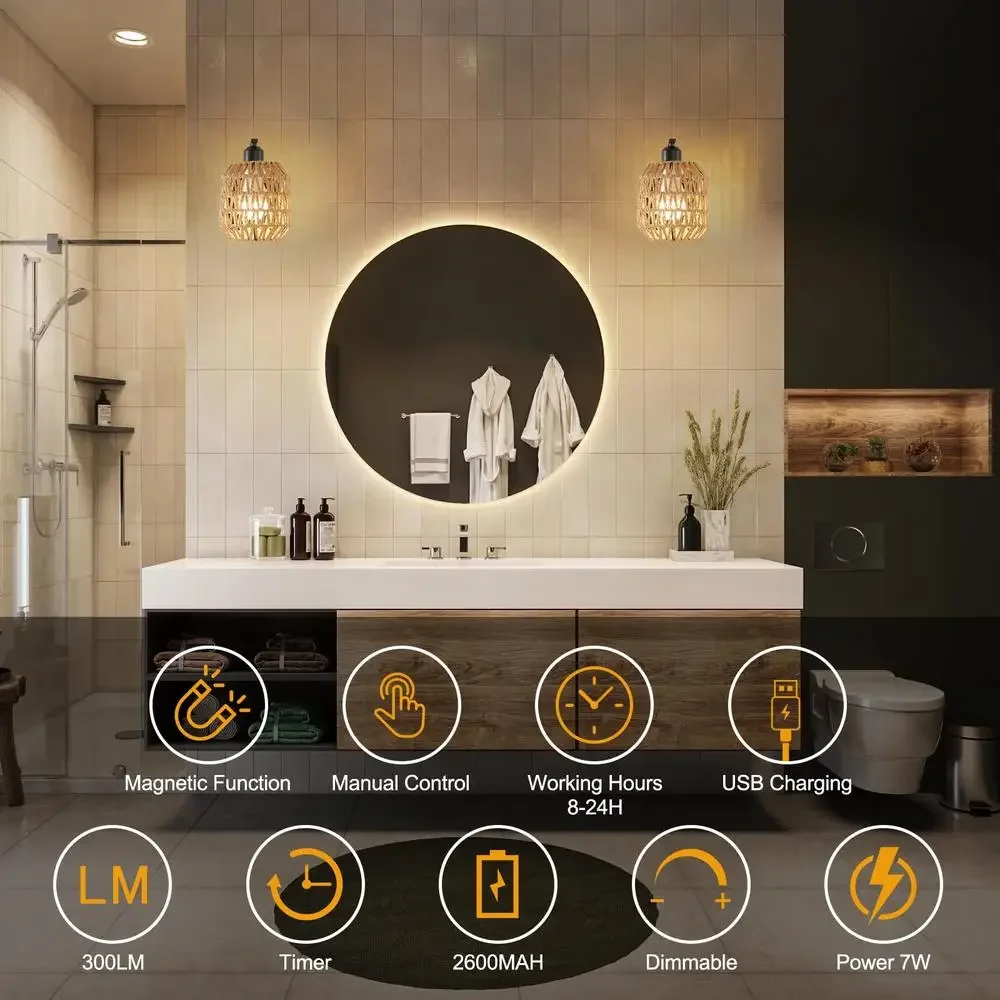 Cordless Battery Operated Wall Sconces Set of 2 Rattan Wireless Rechargeable Lights with Remote Control Magnetic Base USB