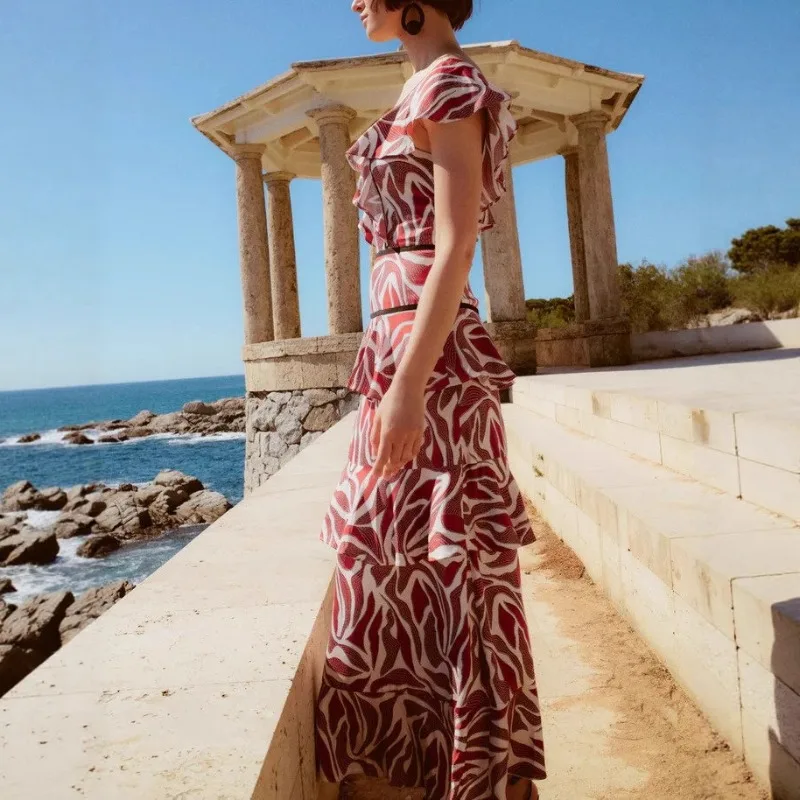 2025 여름 여성 러플 보헤미안 맥시 드레스 우아한 Y2K 반팔 V넥 코르셋 백리스 프린트 레이어드 휴가 비치 드레스