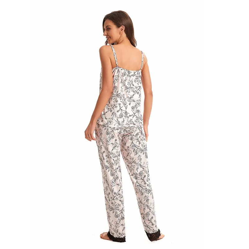 Ensemble de pyjama pour femmes 3 pièces Ensemble de camisole Robe Pantalon Imprimé floral Bordure en dentelle Ensemble de vêtements de nuit Ensemble de vêtements de détente doux