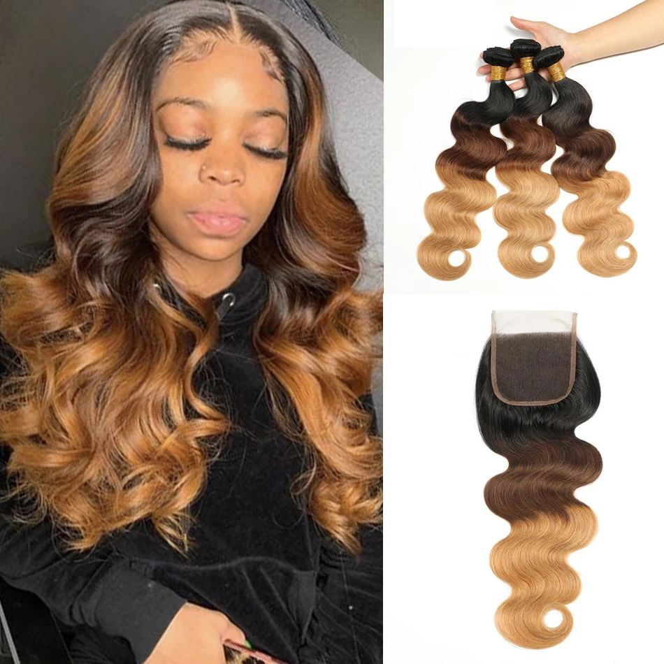 

Ombre Body Wave 3 Bundles With Closure 1B/4/27 Brazilian 100% Human Hair Remy Hair Extensions Transparent Lace HD Ali Sky Hair