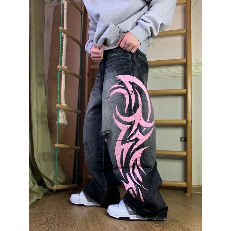 Deeptown Y2k Vintage Gothic Graphic Print Women Jeans Harajuku Washed Hole American Fashion Denim Pants Baggy Punk Streetwear