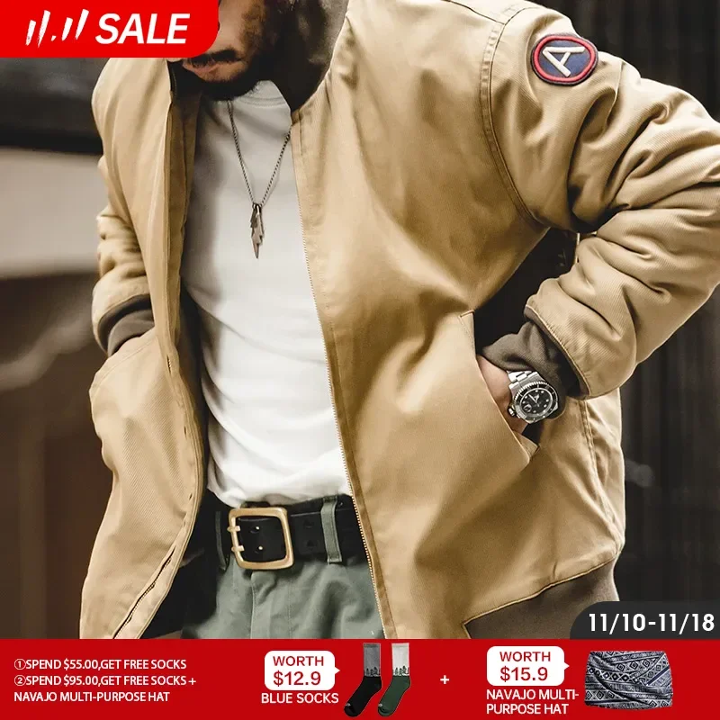 

Maden Men’s Brown Flight Bomber Jackets Vintage Pilot Aviator Monocycle Jacket Slim Fit With Patches Stand Collar