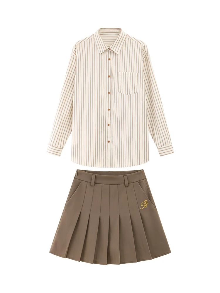 Striped Long Sleeve Shirt & Brown Pleated Mini Skirt Set – Preppy Casual Outfit, Slim Fit, Early Spring 2025 Fashion Trend