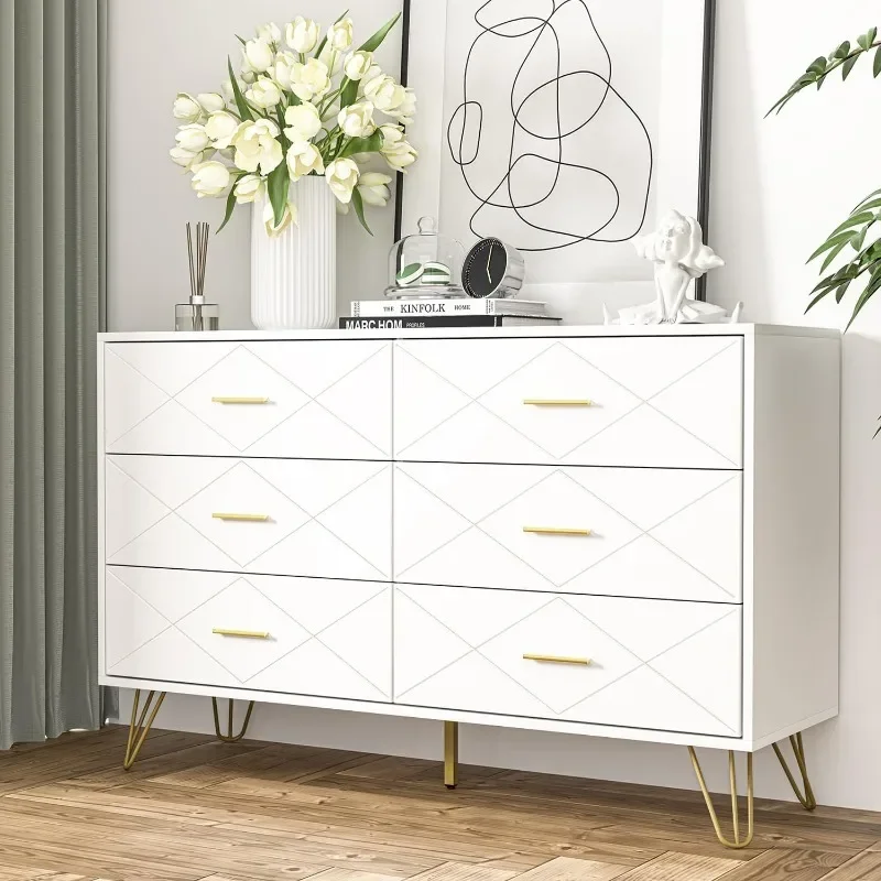 Dresser for Bedroom, Dresser with 6 Deep Drawers, Wide Chest of Drawers w/Gold Handles for Living Room, 15.7"D x 47.2"W x 29.5"H