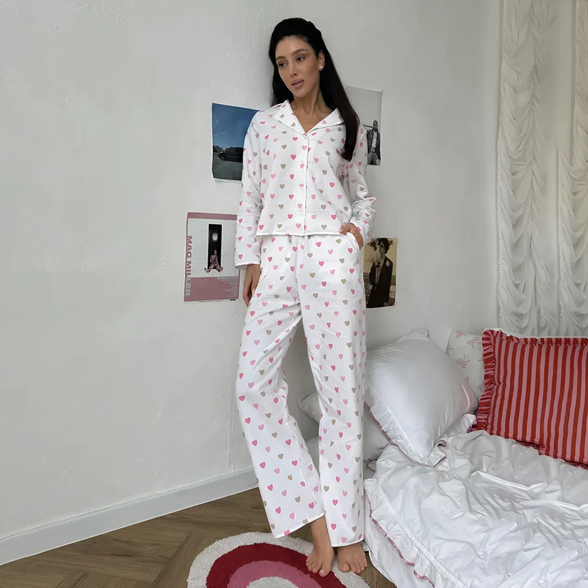 

Hiloc женские пижамы с принтом, костюм из 2 предметов, весенне-осенний повседневный топ с отложным воротником и длинными рукавами, брюки с эластичной резинкой на талии, новинка 2025 г.