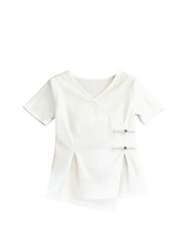 

Женская летняя футболка больших размеров с V-образным вырезом и коротким рукавом, асимметричный дизайн, приталенный крой, повседневный стиль, белый топ для работы