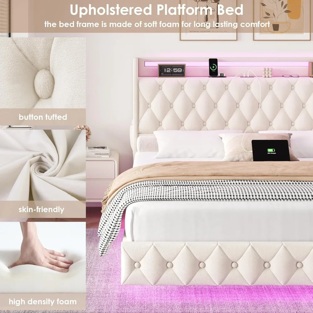 Floating Bed Frame Queen Size Platform with LED Lights, USB Charging Station Headboard Modern Upholstered Velvet Fabric Bed image 5