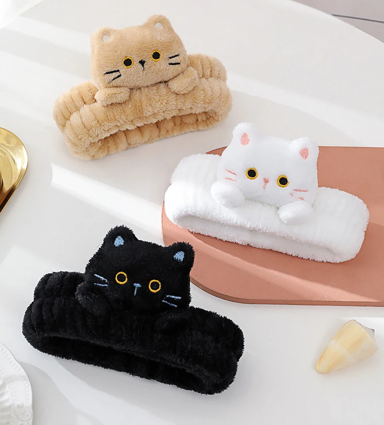 Niedliche Korallen-Fleece-Stirnbänder, elastisch, Cartoon-Katze, Make-up, Gesicht waschen, Haarbänder, weich, spurlos, Gesichts-Spa-Kopfbedeckung, Haar-Accessoires – Detail 10