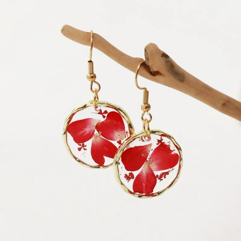 

Cute Round Earrings With Dried Flower Unique Epoxy Resin Pressed Flower Earrings Colorful Natural Plant Floral Earring Wholesale