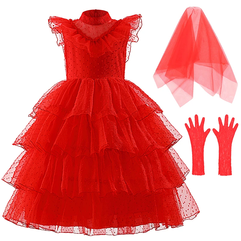 New 3-12-year-old Halloween cosplay costume, fashionable red hollow out horror lace wedding dress, party dress for girls