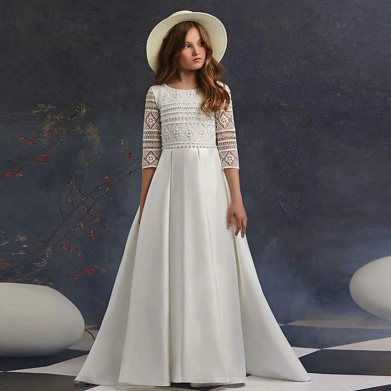 Vestido de satén blanco con cuentas de encaje para niña, ropa elegante de boda, primera eucarista, fiesta de cumpleaños