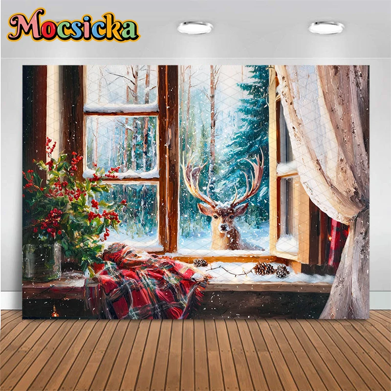 

Mocsicka Christmas Backdrop For Photography Retro Art Abstract Window Snow Deer Tree Party Photo Background Indoor Decors Banner