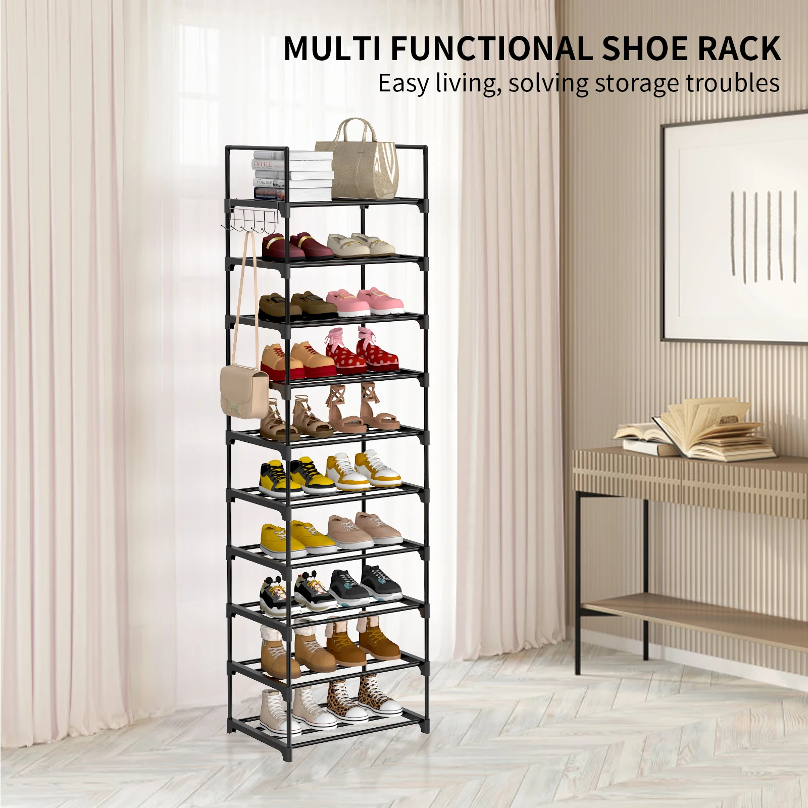 EFAN Shoe Rack, 10-Tier Metal Shoe Storage Organiser, Customisable Design, Metal Frame, Space-Saving Rack, for Room, Hallway