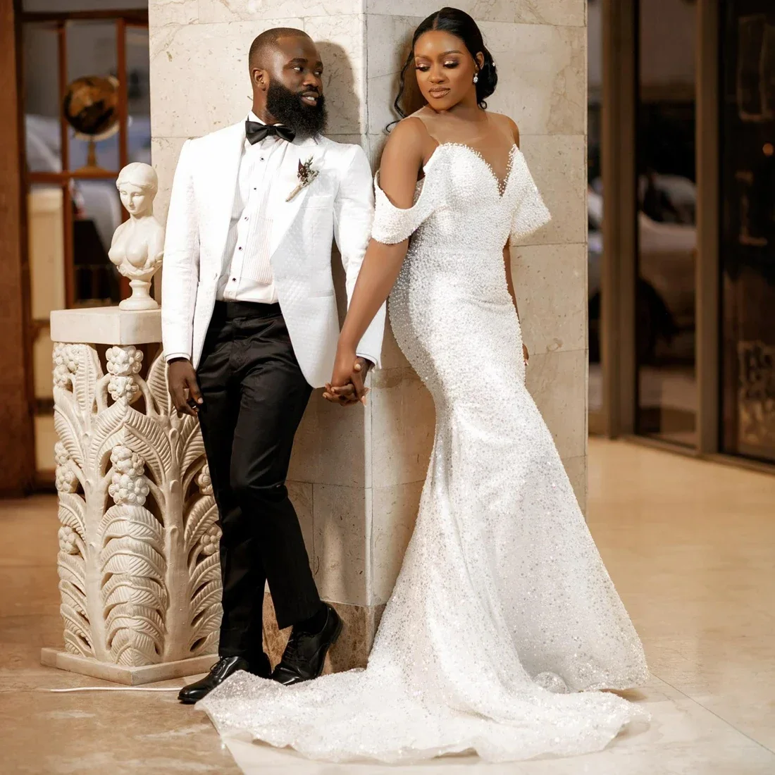 Customized Off the Shoulder Sparkly Beads Sequins Wedding Dress with Removable Skirt  Robe De Mariée  African Luxury Bridal Gown
