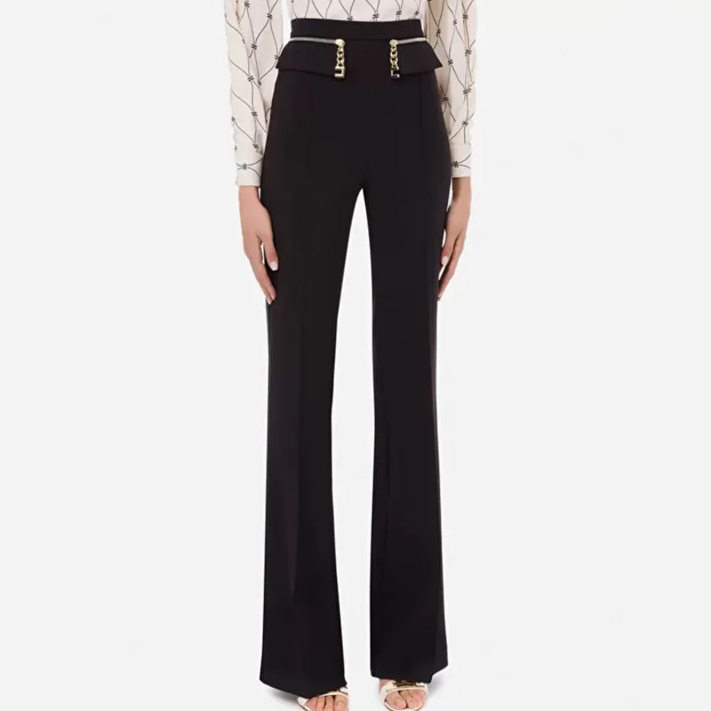 

EACA 2025 Summer Workplace Commuting Style Black Chain Decoration Hanging Style Wide Leg Casual Pants Trendy