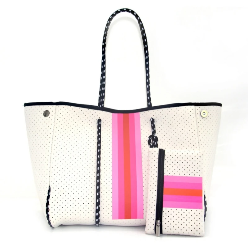 Hot Selling Striped Printing Women Traveling Handbag Big Tote Hand Bag Neoprene Ladies Perforated Beach Tote Bag