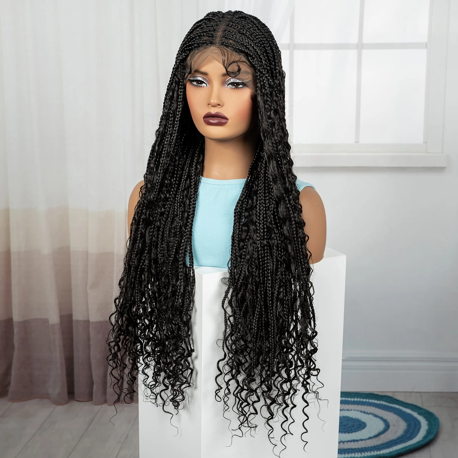 Perruques tressées synthétiques en boîte sans nœuds de 32 pouces, perruques tressées Boho en dentelle complète avec extrémités bouclées, perruque Lace Frontal tressée pour femmes