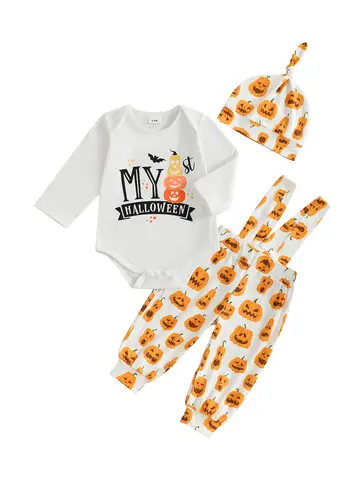 Conjunto infantil de 3 piezas de Halloween, mono de manga larga con estampado de calabaza, conjunto de gorro para bebés, niños y niñas