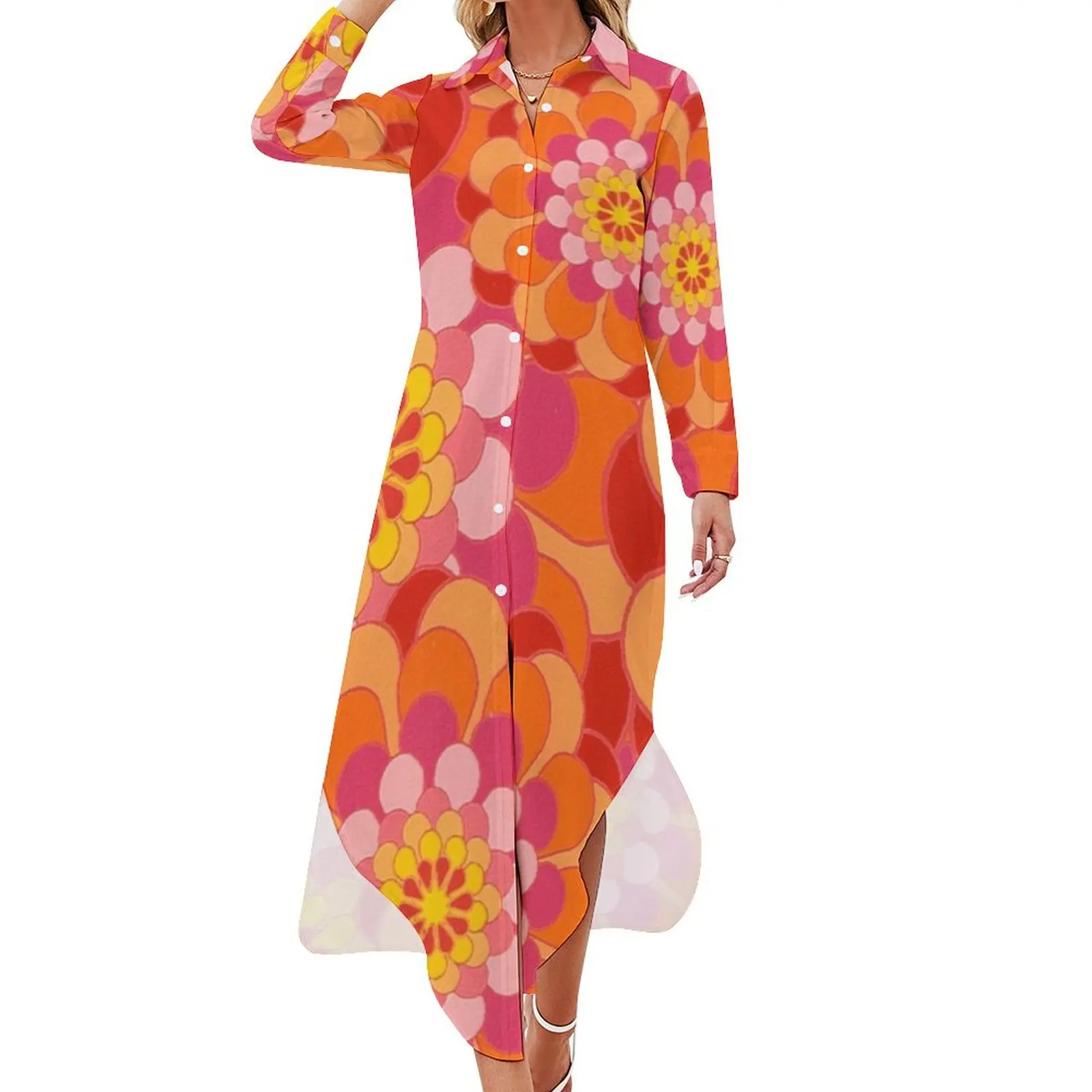 

60s Flower Power - Yeah Baby! Long Sleeved Shirt Dress wedding guest dress 2024 Women's summer dresses