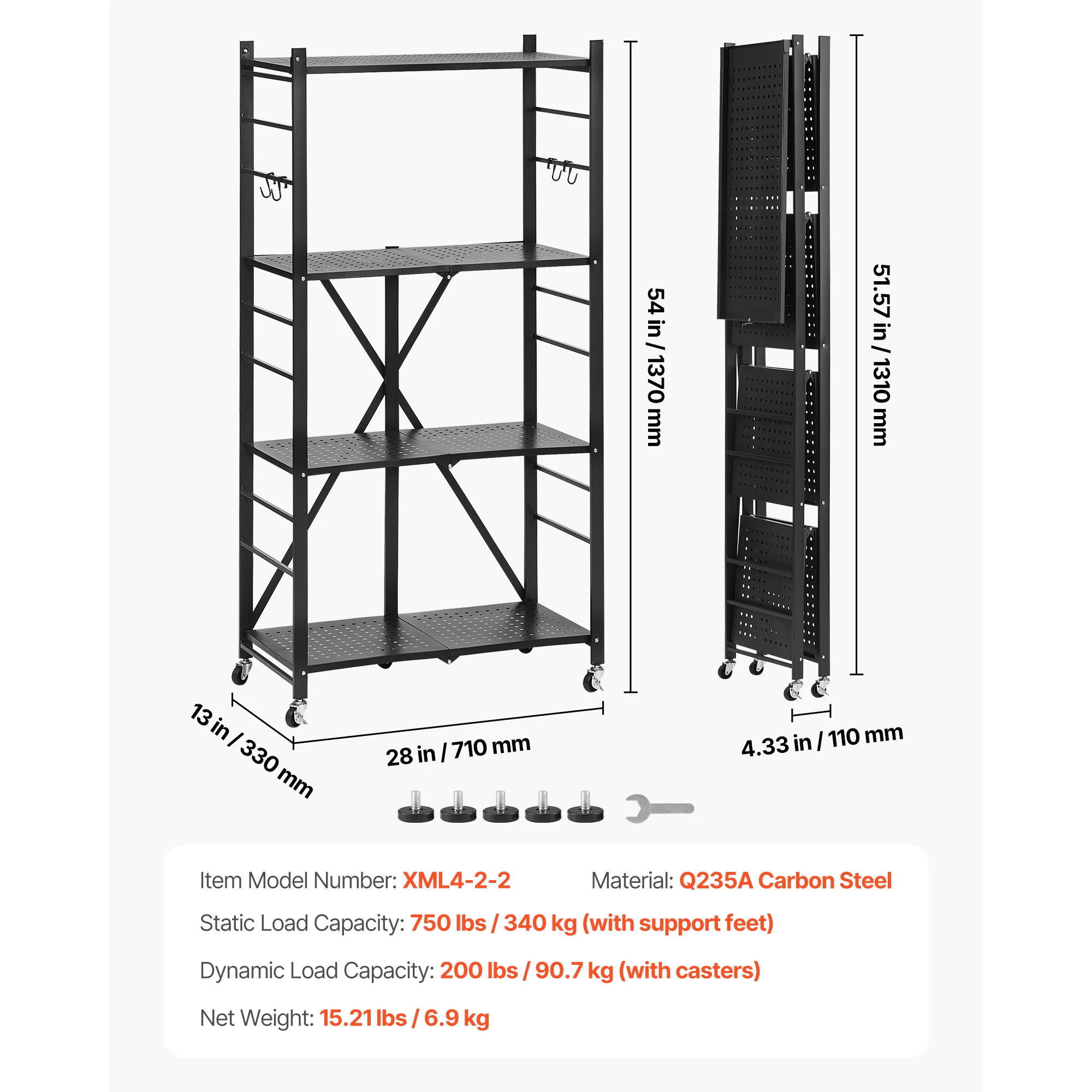 SucceBuy 6/5/4/3 Tier Zwart Opvouwbare Opslag Plank met Wielen Opvouwbare Metalen Rek Rekken Unit Organizer voor Garage Keuken