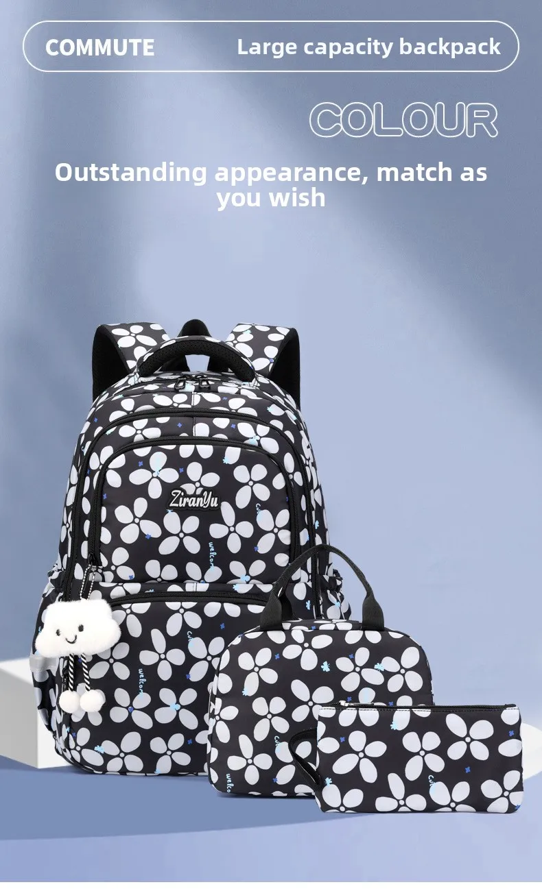 3pcs/set Elementary School Backpack for Girls Bookbag Lunch Bag Pencil Bag Set Flower School Bag for Children Cute Little Dolls