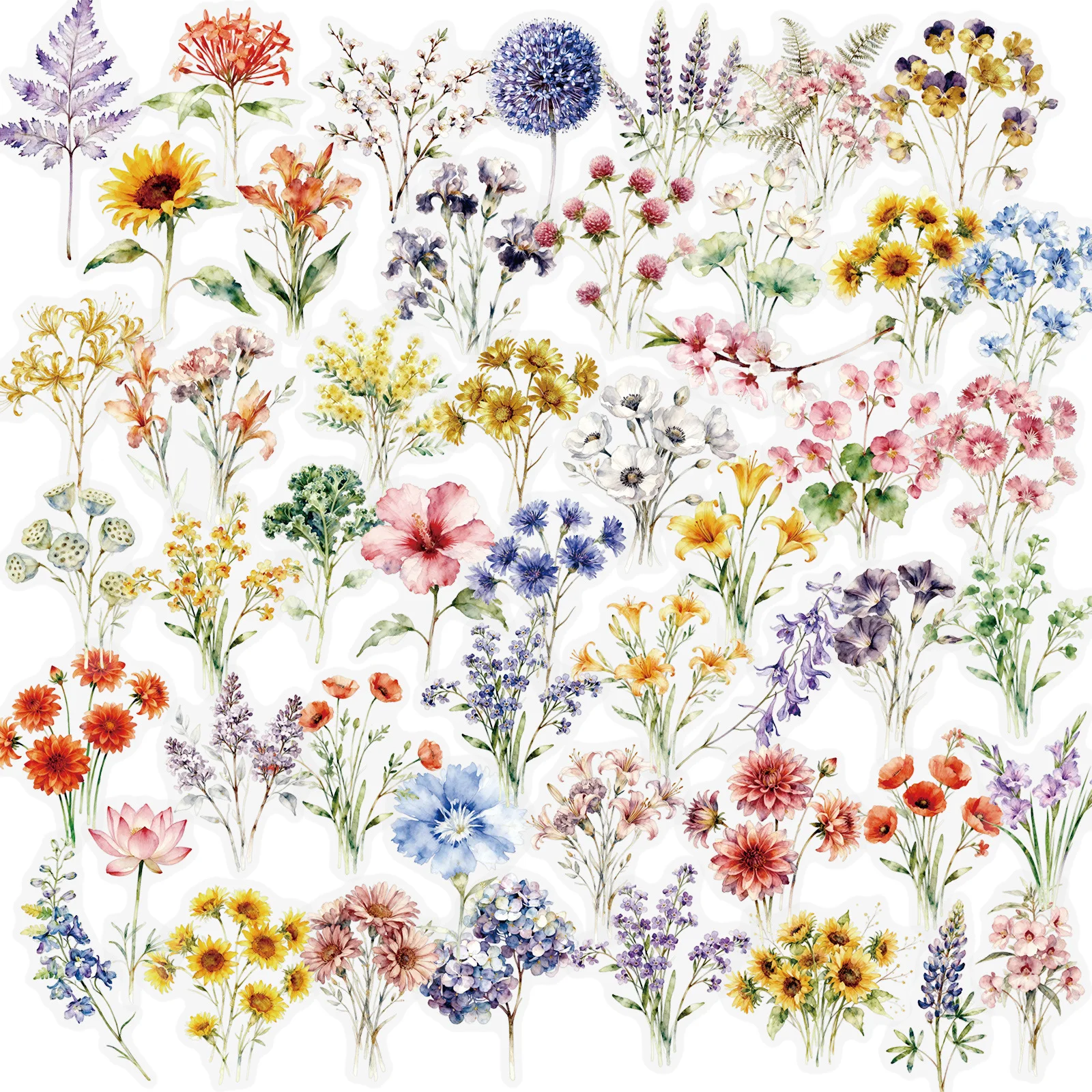 50-100PCS Ink Wash Floral Stickers, Plant Flower Journaling Decor Waterproof Transparent PET Decals  for Luggage, Phones