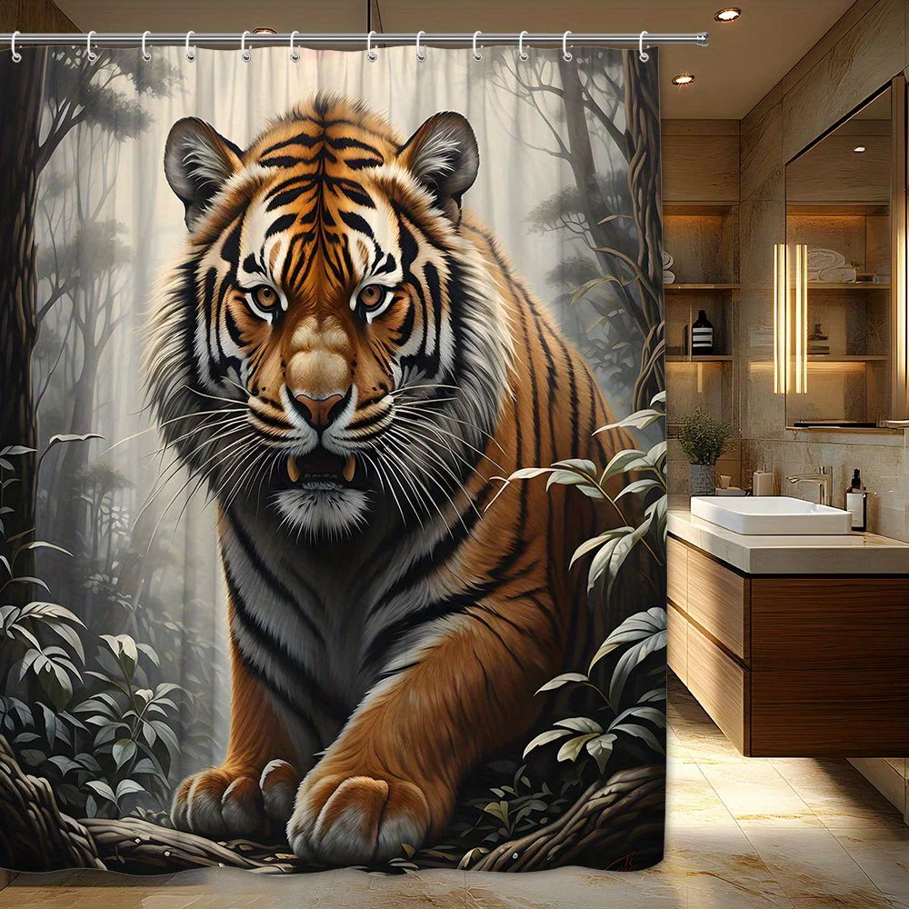 

1x Bengal Tiger Shower Curtain - Vibrant orange and black stripes, dense misty forest pattern, polyester fabric, with hooks