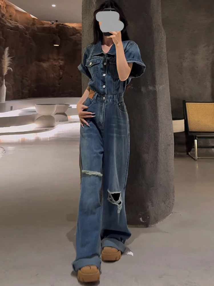 Retro American Waed Denim Overalls Women's Summer 2025 Loose Slimming Wide Leg Pants High Waist Long Trousers