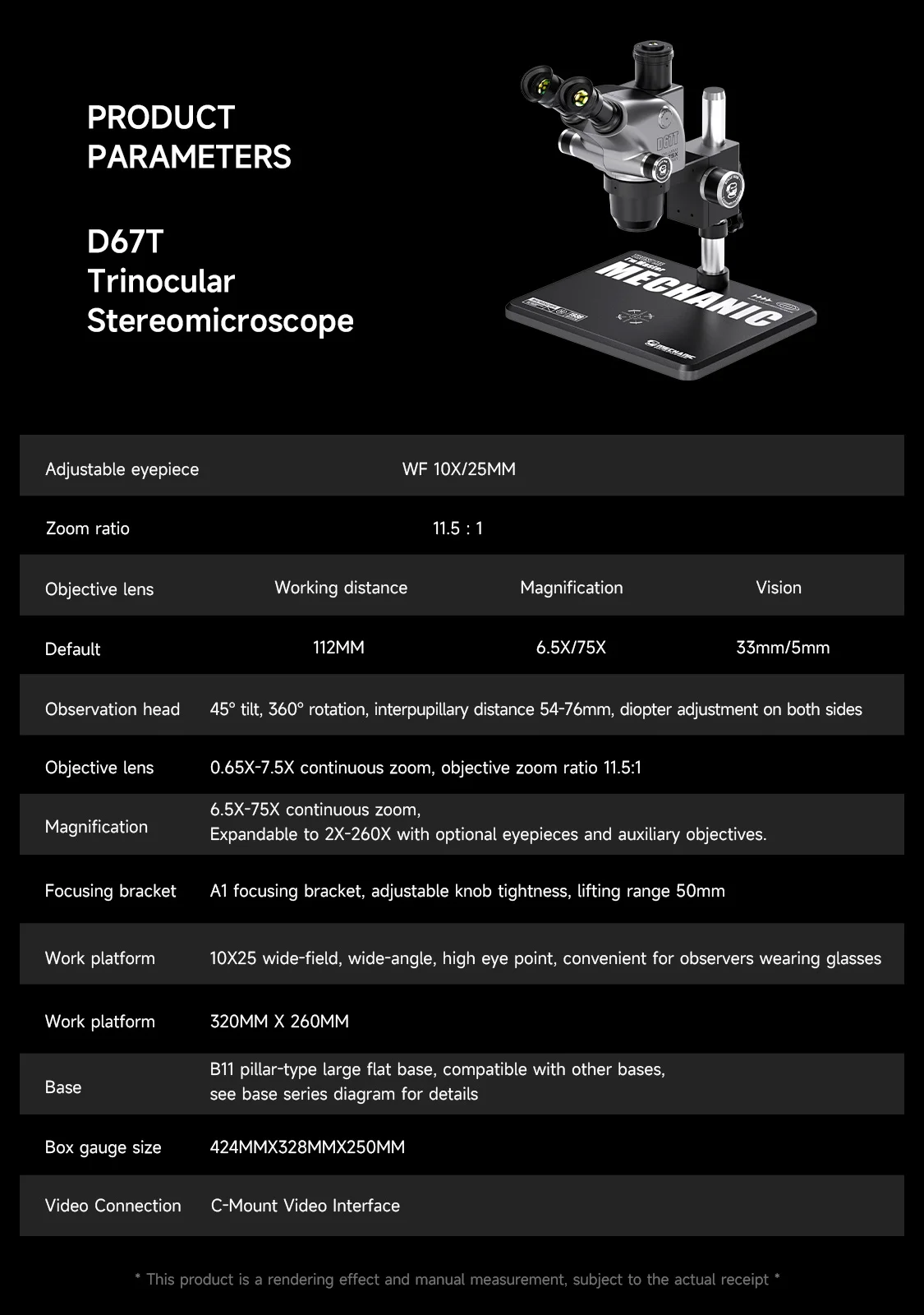 MECHANIC D67T-B11 Trinoculaire Stereomicroscoop 6.5X-75X Zoom WF10X25 112mm Werkafstand voor Telefoon PCB Soldeer Reparatie