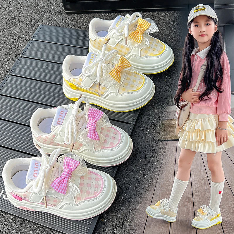 

Girls Bow Plate Shoes 3-18 Years Old Light Yellow Four Seasons Middle Large Kids Casual Shoes Pink Non-slip Children's Sneakers
