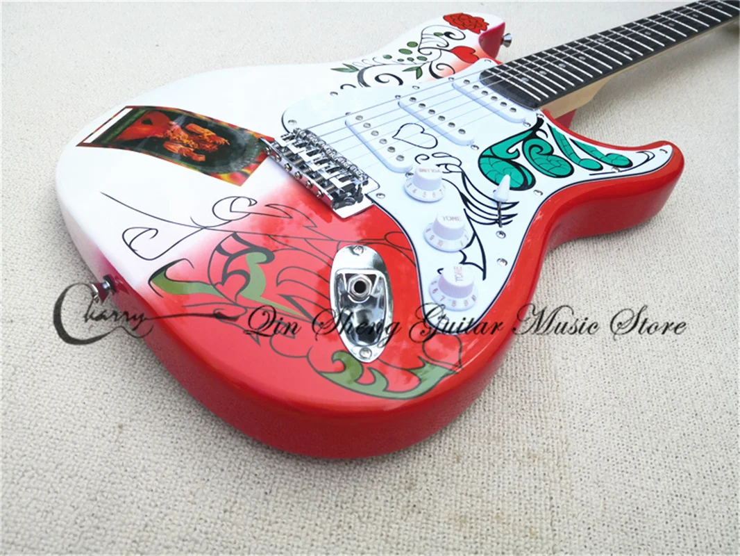 

Custom Made Electric Guitar,Red star guitar,Flower veneer Pattern,Chrome Buttons,Rosewood Fingerboard