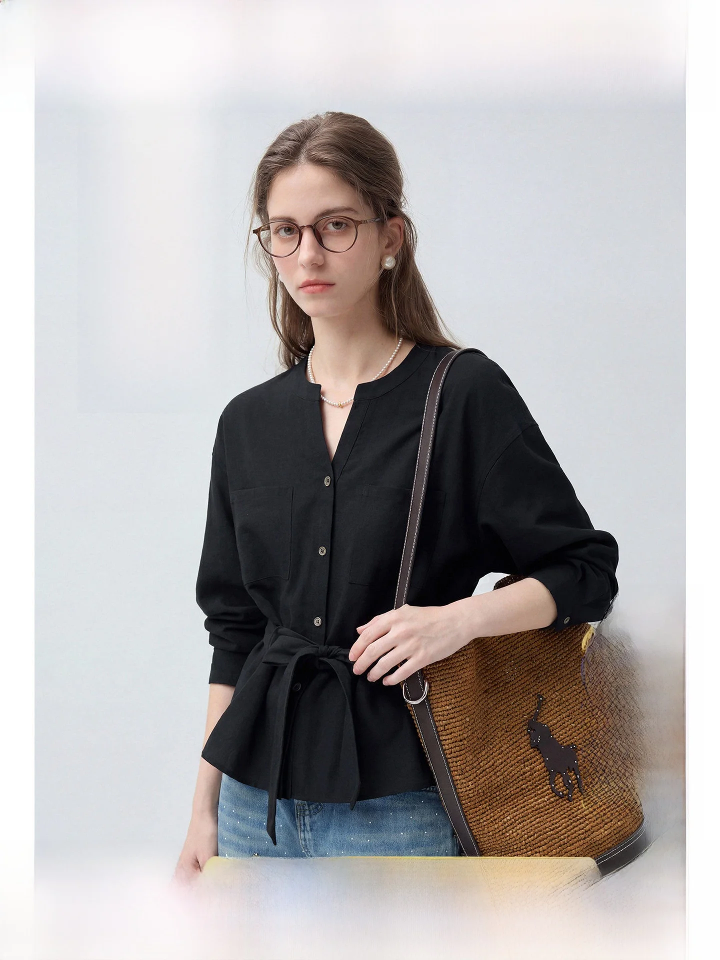 

plus Size Women's Shirt Regular Shoulder Long Sleeve V-Neck Waist-Cinching Slimming Spring New Style Micro Plumpmm Top