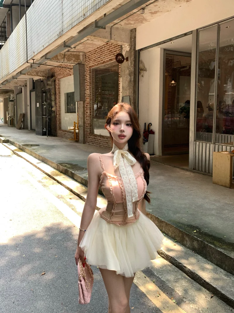 

Kumikumi Pure Desire Summer Outfit Women's Slim Fit Halter Top And Mesh Skirt Two Piece Set High Waist Short Skirt