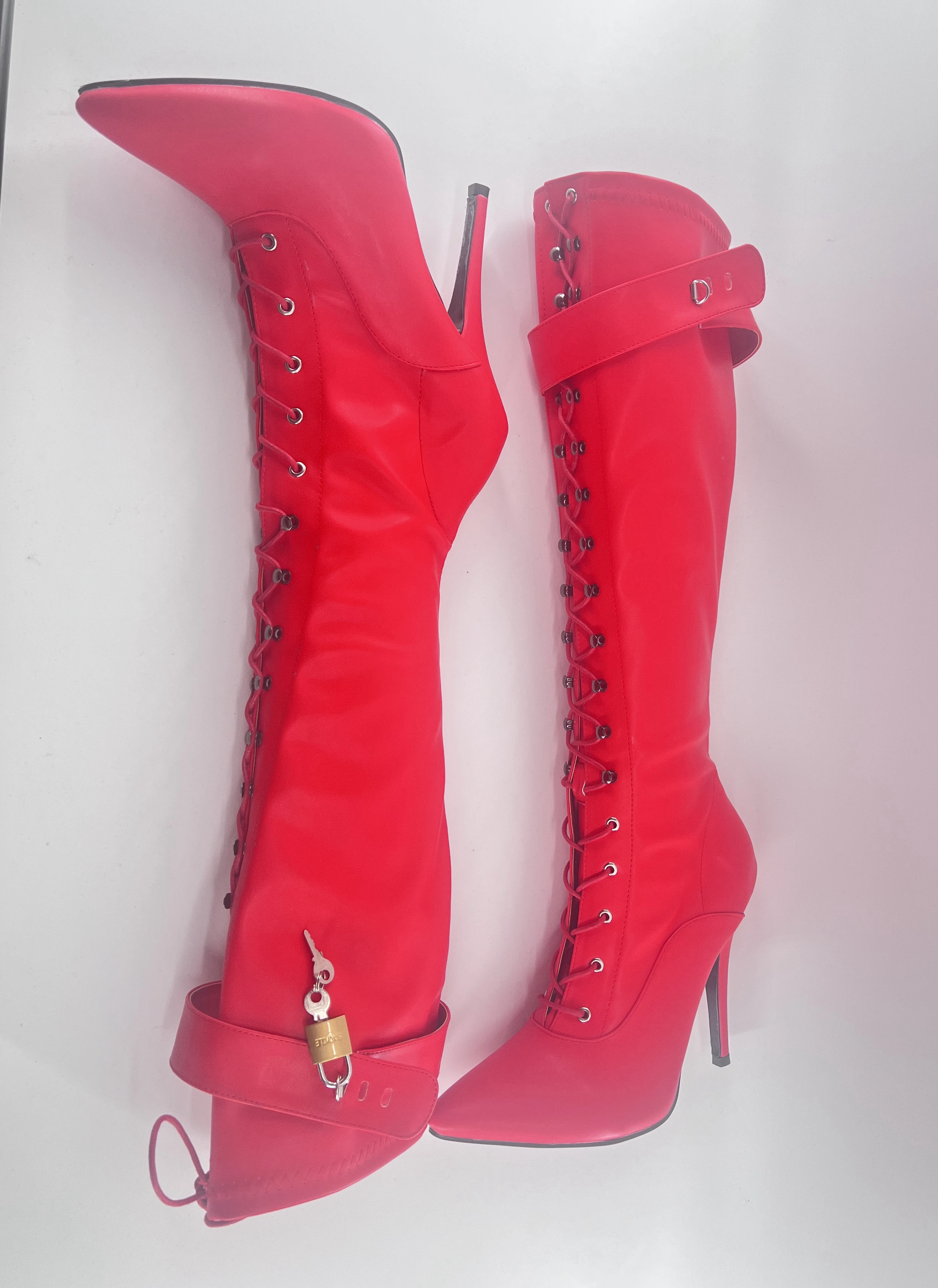 Seek MATE ultra-high heel pointy tie knee boots red misty top lock fetish fashion boots large shoe design