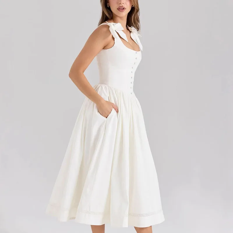 ฤดูร้อนใหม่สแควร์คอชุดชายหาด Elegant Bowknot Lace Up ชุดราตรีแฟชั่นซิป A-Line Office Lady Dress