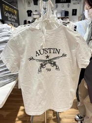 T-shirt Vintage in cotone con stampa a pistola donna Casual Harajuku O collo estate manica corta top Y2k Streetwear magliette grafiche classiche